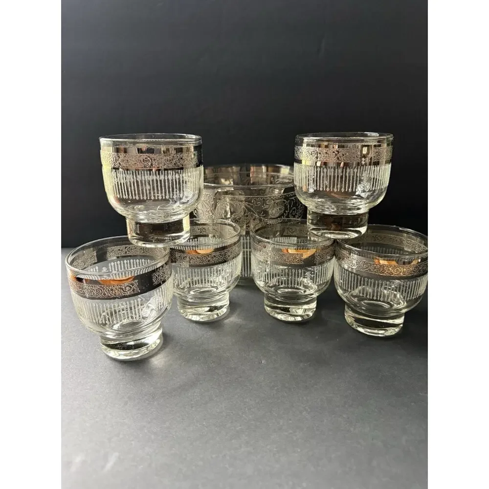 Vintage Starlyte (6) Glasses (1) Ice Bucket Set Clear Silver Rim Band Retro MCM